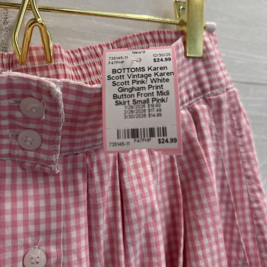 Vintage Karen Scott Pink/ White Gingham Print Button Front Midi Skirt Small