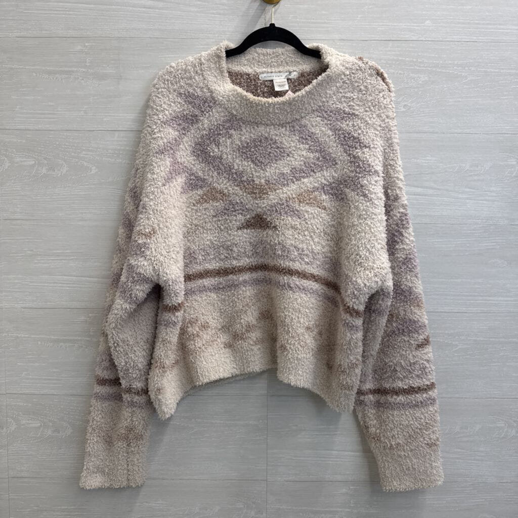 Altar'd State Cream/ Purple Print Soft Fuzzy Knit Sweater Large