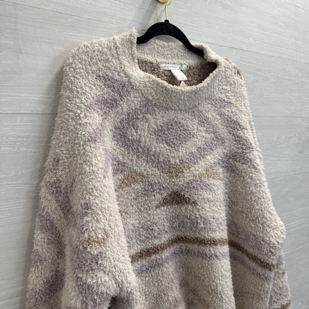 Altar'd State Cream/ Purple Print Soft Fuzzy Knit Sweater Large