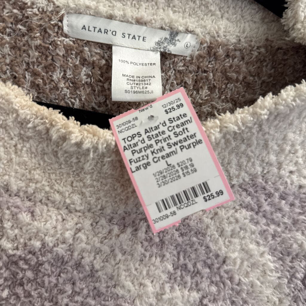 Altar'd State Cream/ Purple Print Soft Fuzzy Knit Sweater Large