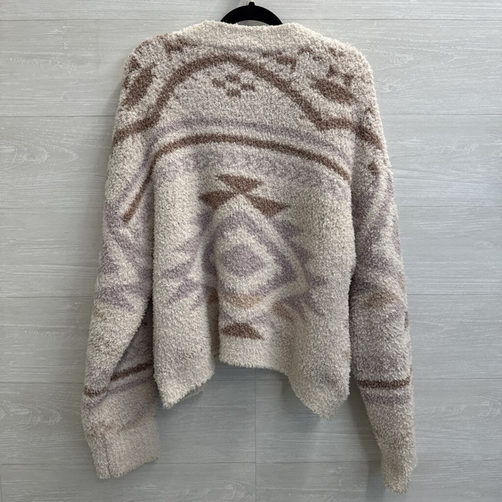 Altar'd State Cream/ Purple Print Soft Fuzzy Knit Sweater Large