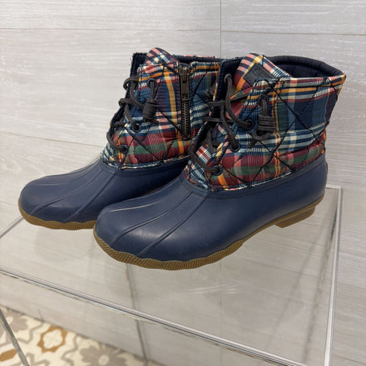 Sperry Saltwater Navy Plaid Quilted Duck Boots 6.5