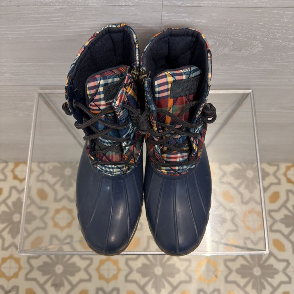 Sperry Saltwater Navy Plaid Quilted Duck Boots 6.5