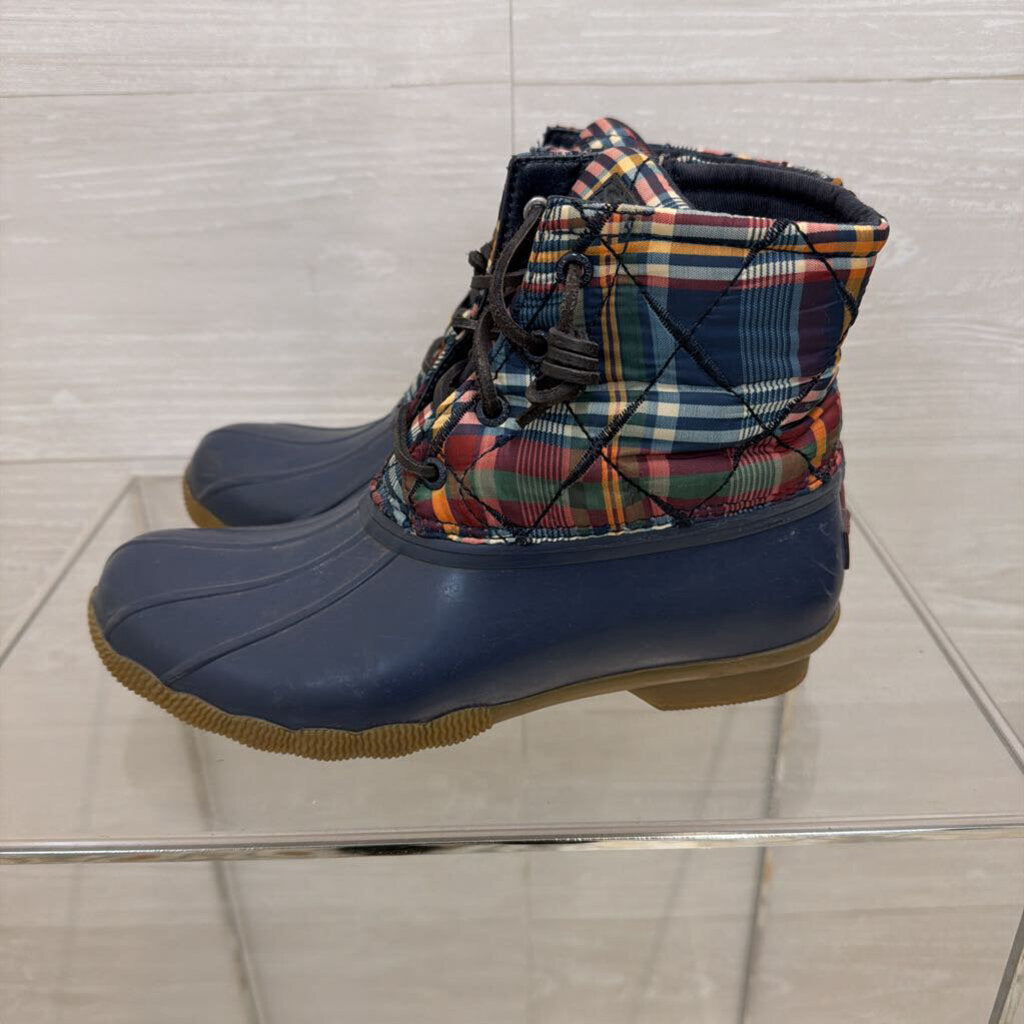 Sperry Saltwater Navy Plaid Quilted Duck Boots 6.5