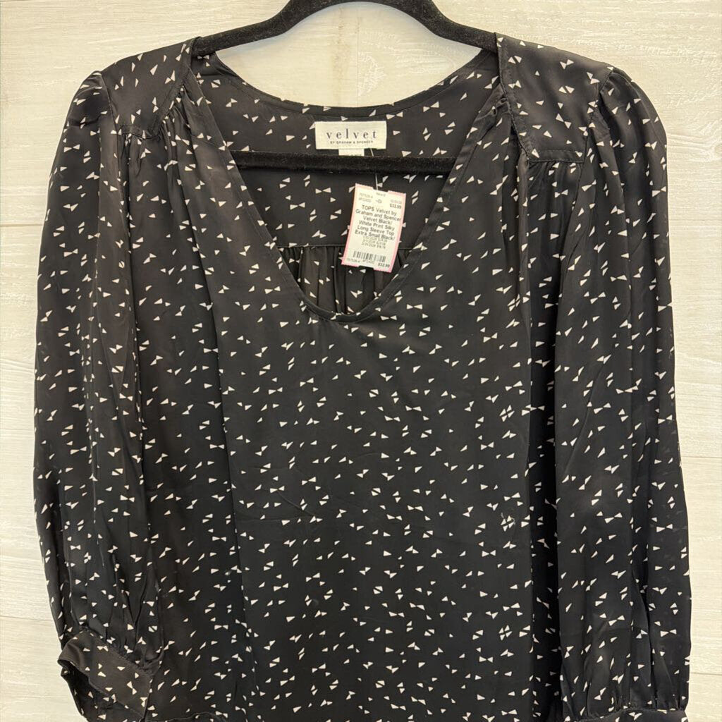 Velvet Black/ White Print Silky Long Sleeve Top Extra Small