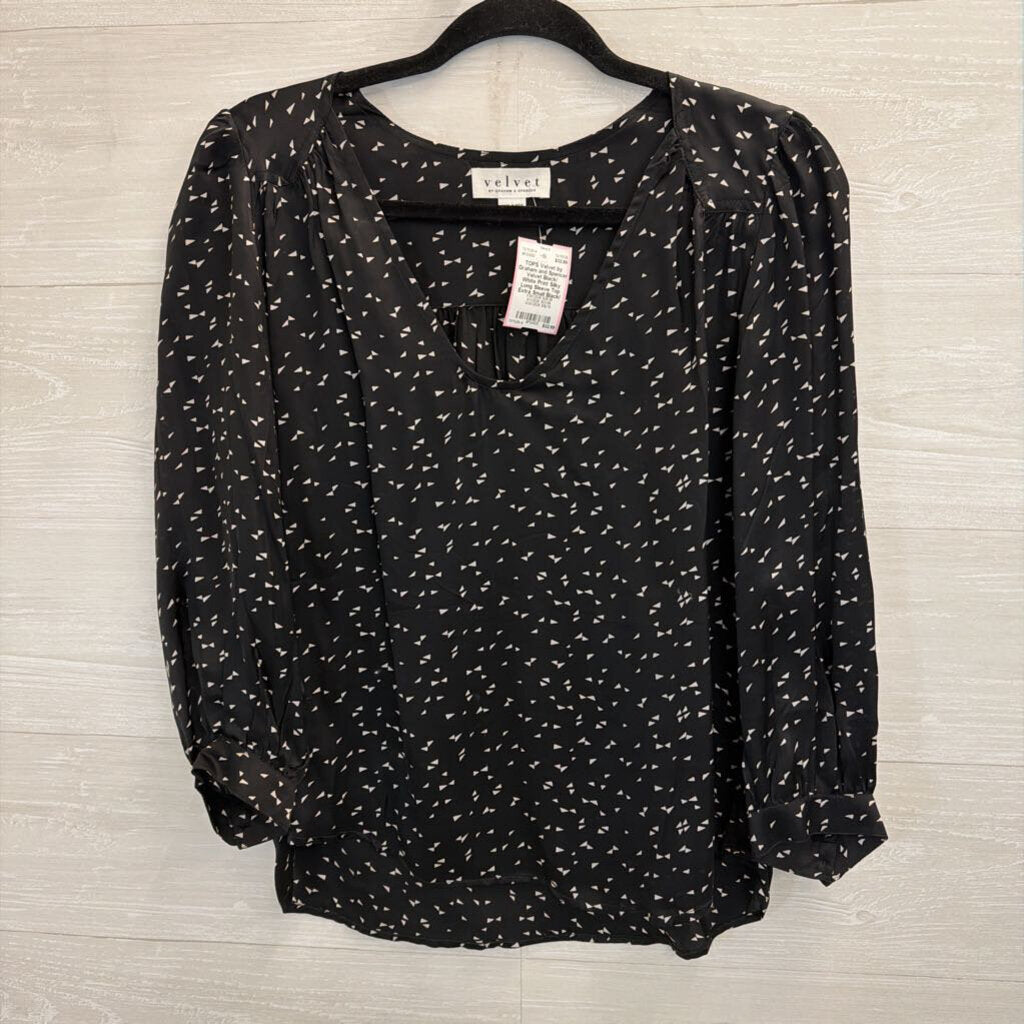 Velvet Black/ White Print Silky Long Sleeve Top Extra Small