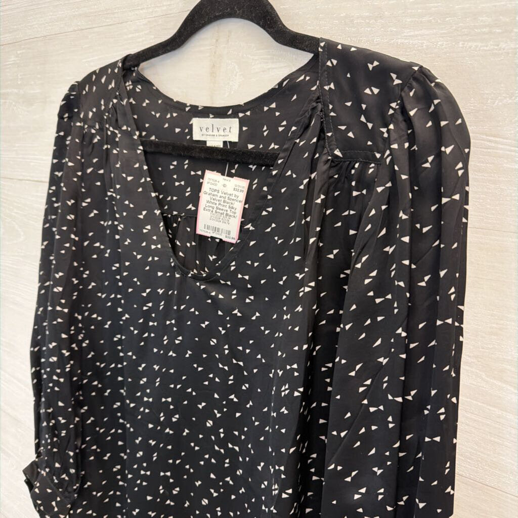 Velvet Black/ White Print Silky Long Sleeve Top Extra Small