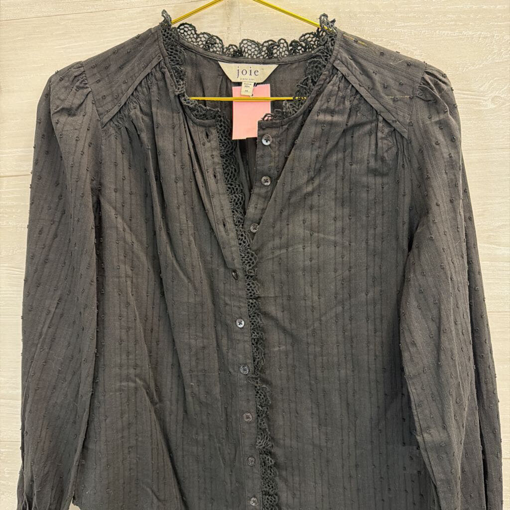 Joie Black Lace Detail Long Sleeve Button Front Top Extra Small
