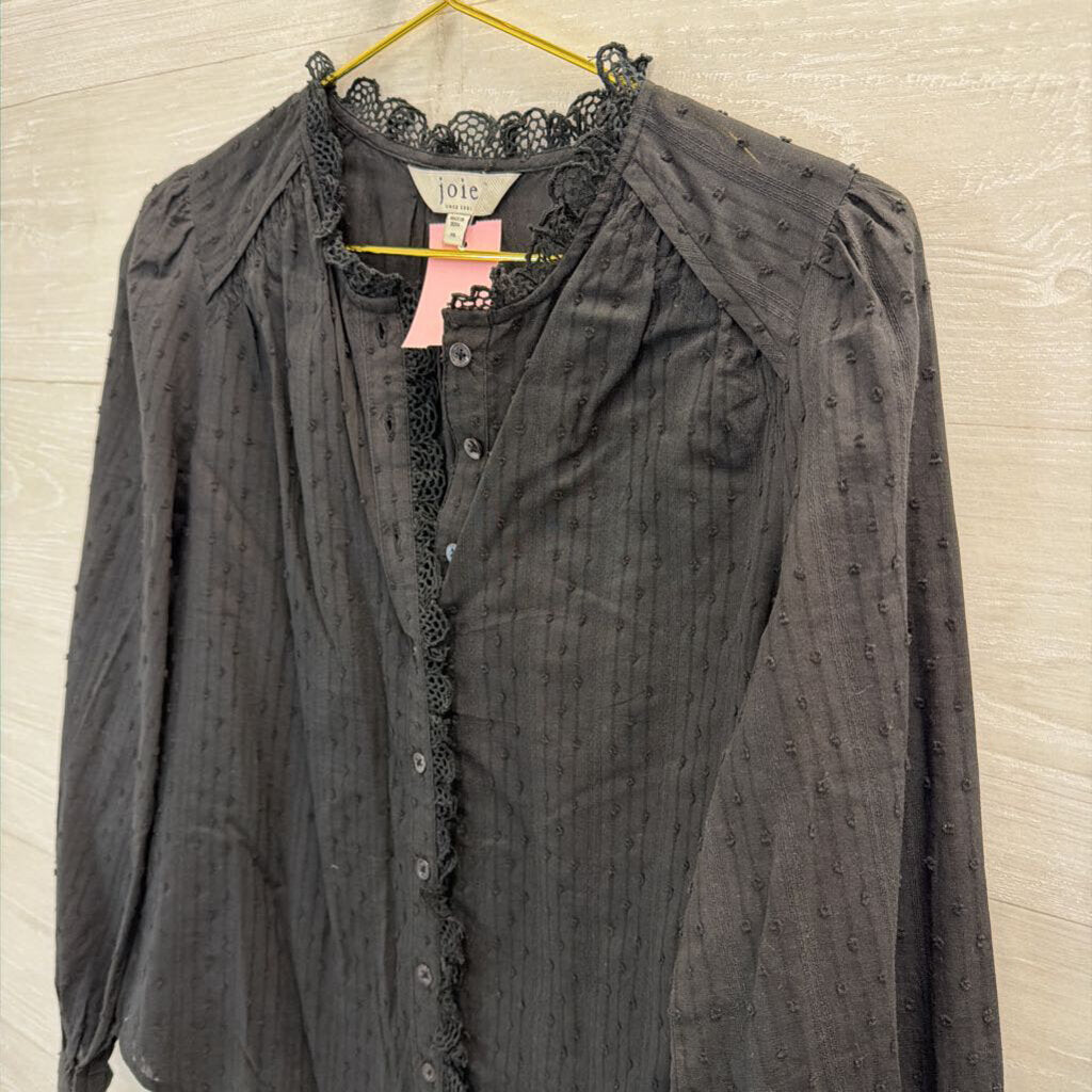 Joie Black Lace Detail Long Sleeve Button Front Top Extra Small