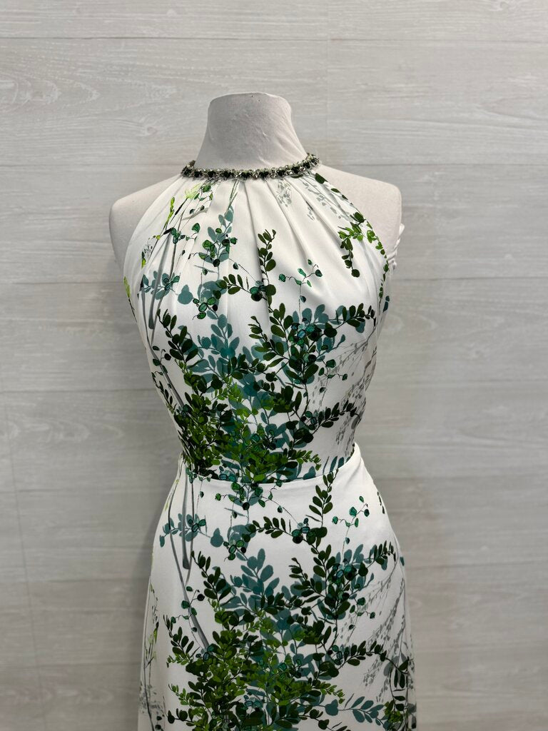 Teri Jon White/ Green Print Beaded Neckline Long Formal Dress 12