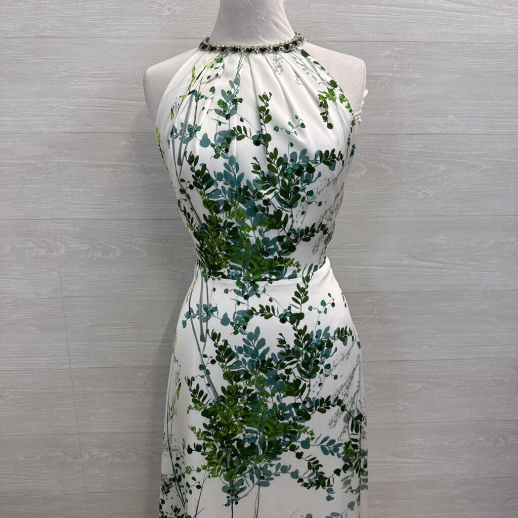 Teri Jon White/ Green Print Beaded Neckline Long Formal Dress 12