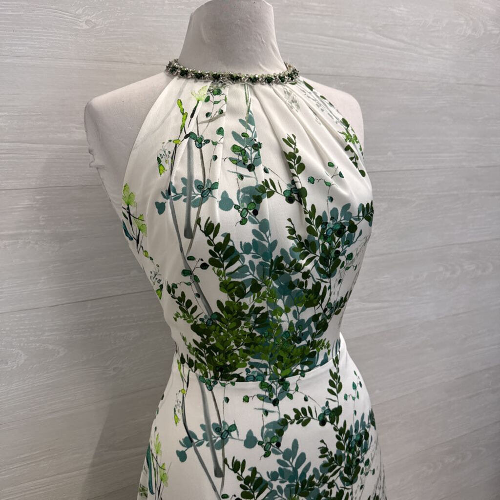 Teri Jon White/ Green Print Beaded Neckline Long Formal Dress 12