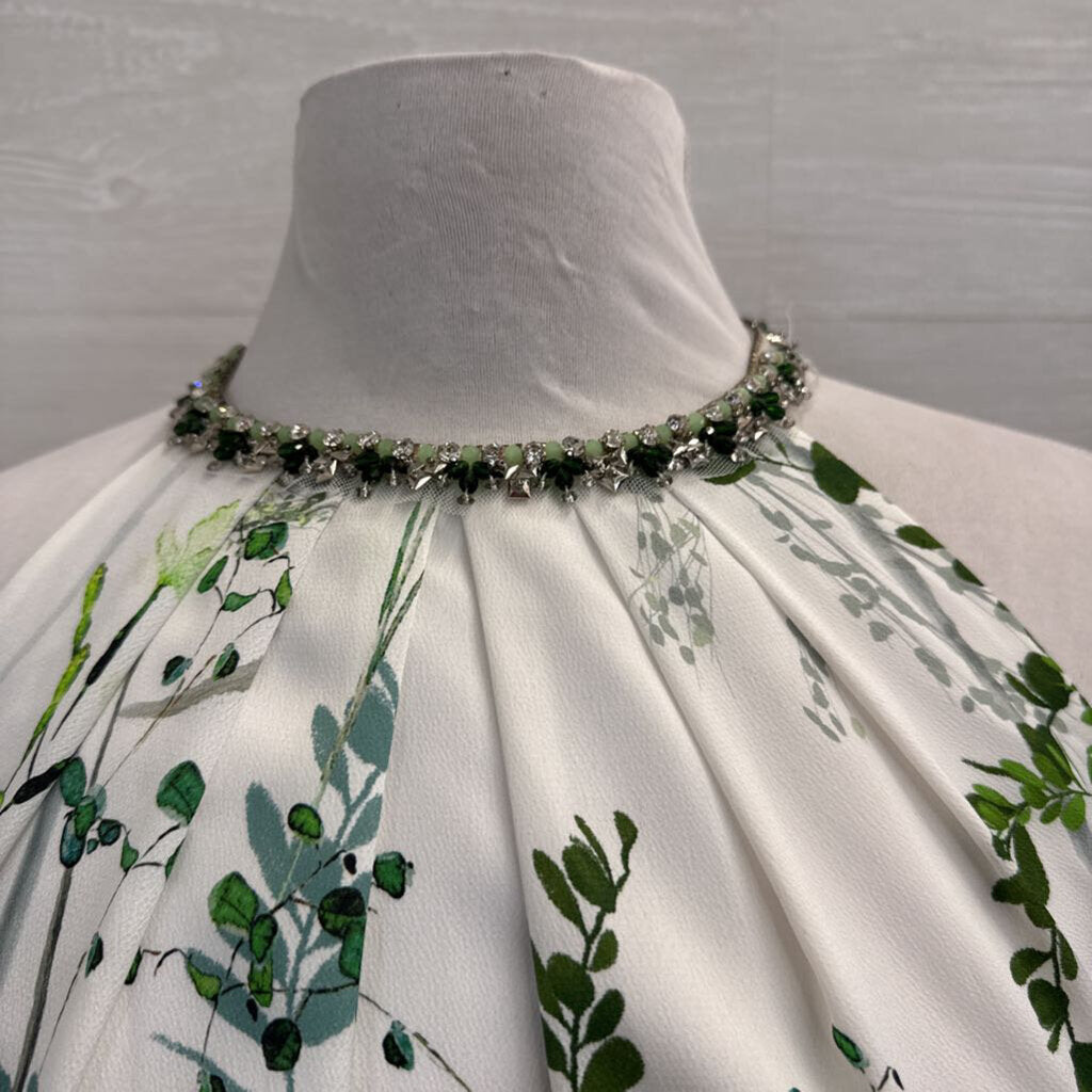 Teri Jon White/ Green Print Beaded Neckline Long Formal Dress 12