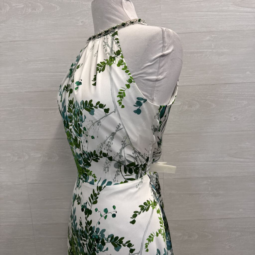Teri Jon White/ Green Print Beaded Neckline Long Formal Dress 12