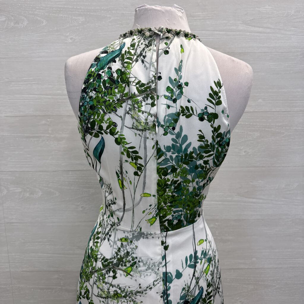 Teri Jon White/ Green Print Beaded Neckline Long Formal Dress 12