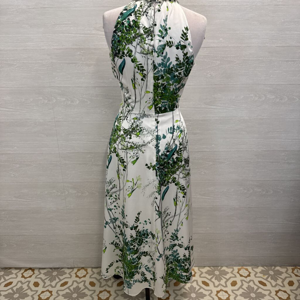 Teri Jon White/ Green Print Beaded Neckline Long Formal Dress 12