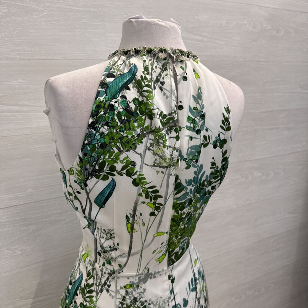 Teri Jon White/ Green Print Beaded Neckline Long Formal Dress 12