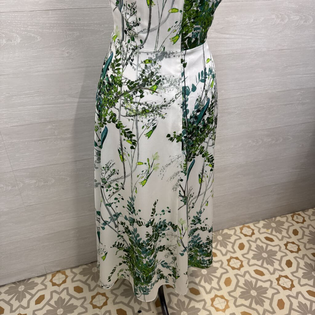 Teri Jon White/ Green Print Beaded Neckline Long Formal Dress 12