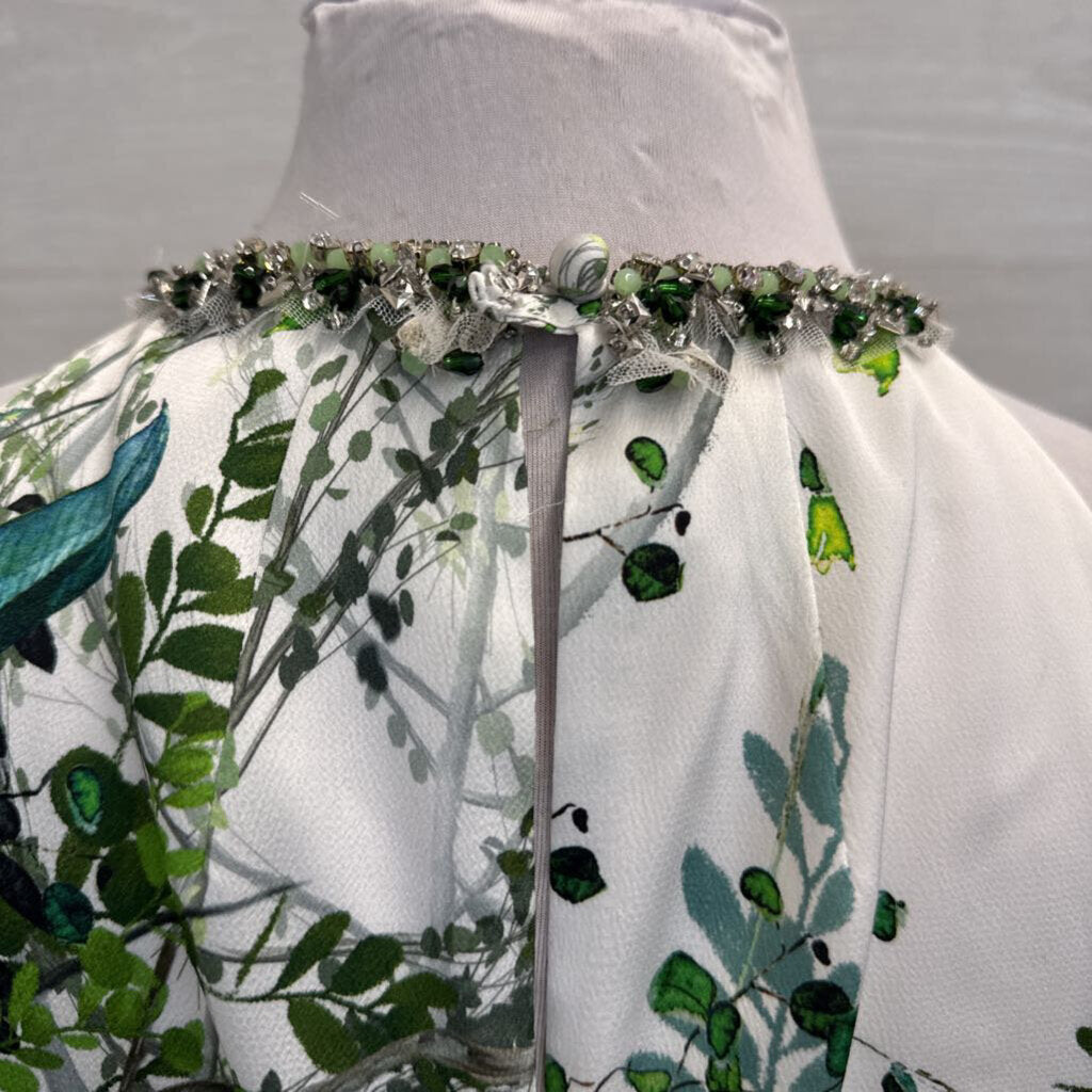 Teri Jon White/ Green Print Beaded Neckline Long Formal Dress 12