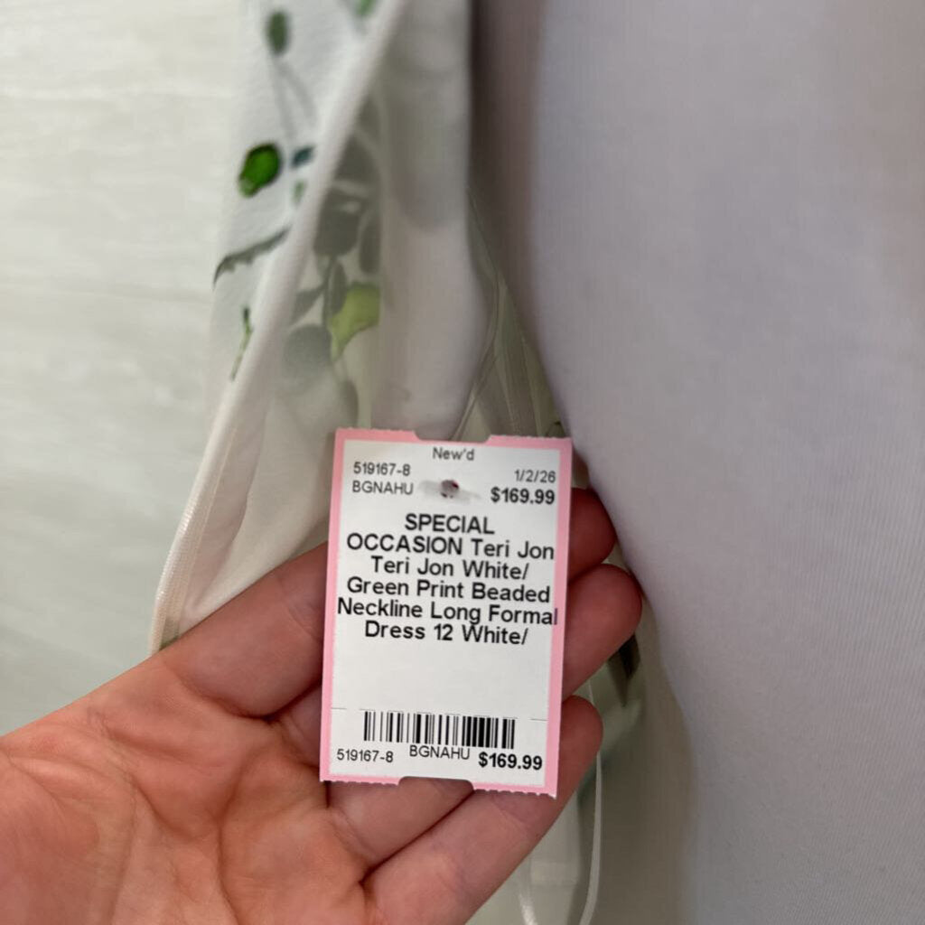 Teri Jon White/ Green Print Beaded Neckline Long Formal Dress 12