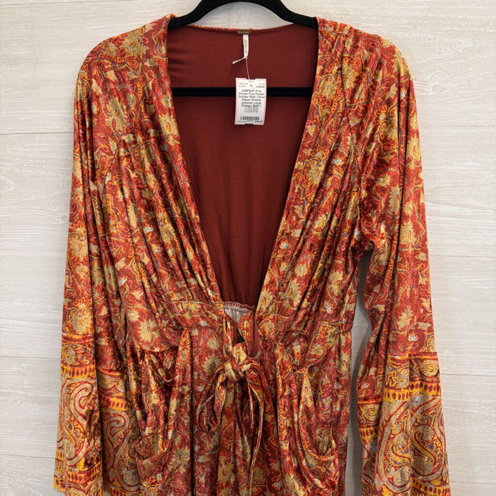 Free People Orange/ Multi Velvet Harper Printed Jumpsuit Large