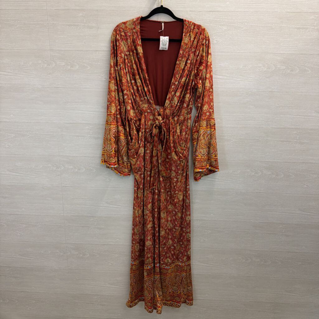 Free People Orange/ Multi Velvet Harper Printed Jumpsuit Large