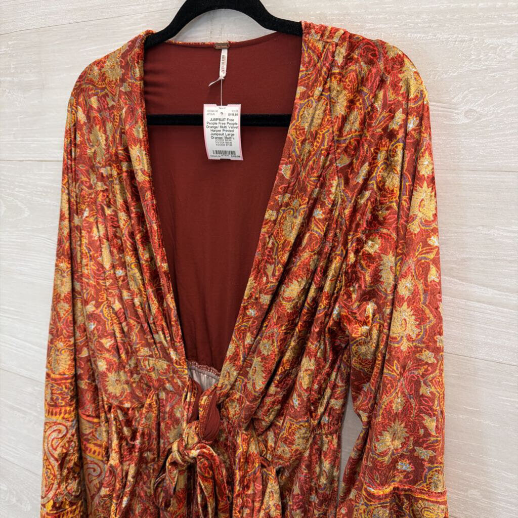 Free People Orange/ Multi Velvet Harper Printed Jumpsuit Large
