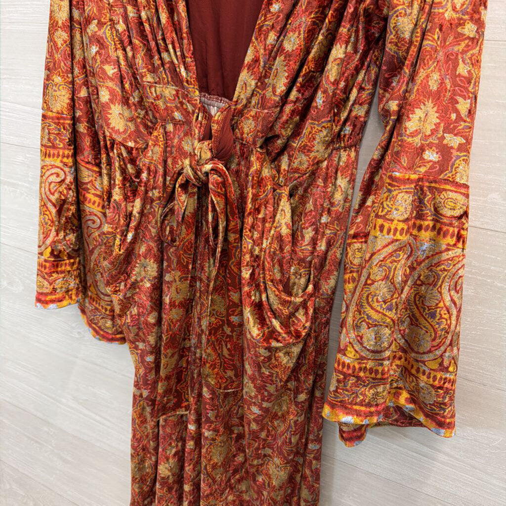 Free People Orange/ Multi Velvet Harper Printed Jumpsuit Large