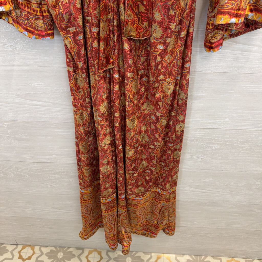 Free People Orange/ Multi Velvet Harper Printed Jumpsuit Large
