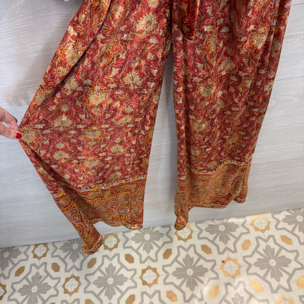 Free People Orange/ Multi Velvet Harper Printed Jumpsuit Large