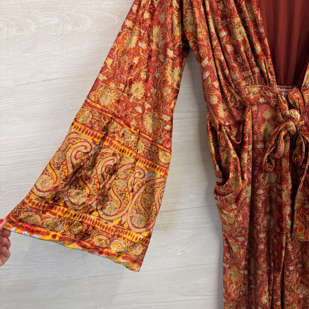 Free People Orange/ Multi Velvet Harper Printed Jumpsuit Large