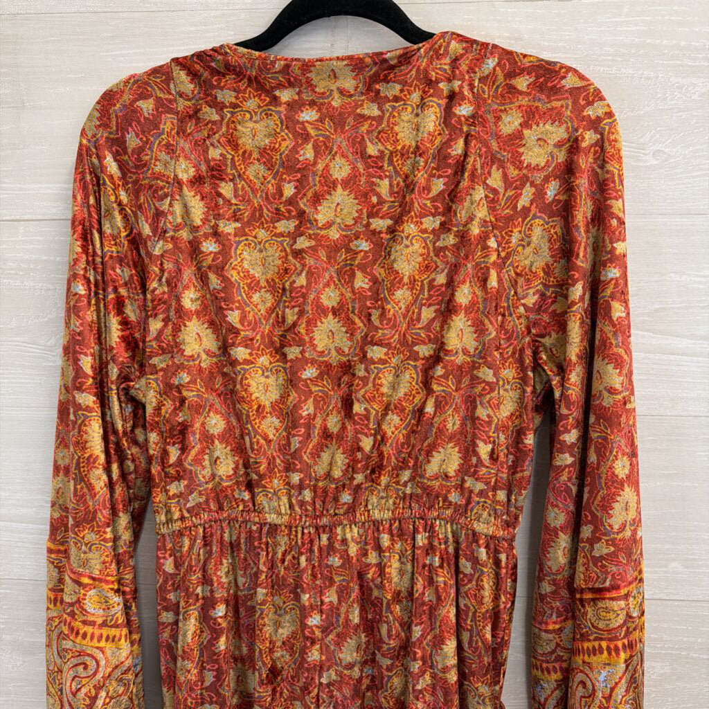 Free People Orange/ Multi Velvet Harper Printed Jumpsuit Large