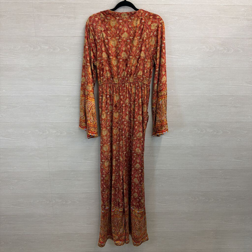 Free People Orange/ Multi Velvet Harper Printed Jumpsuit Large