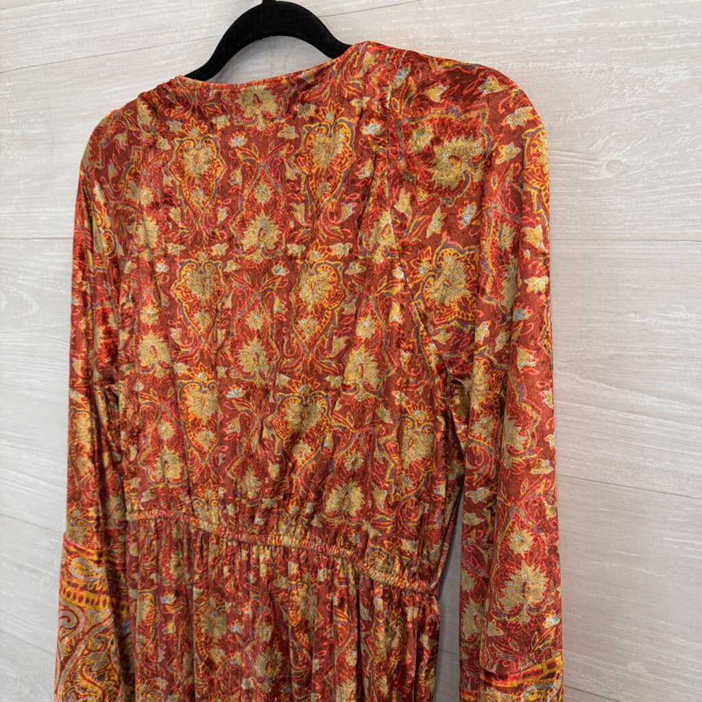 Free People Orange/ Multi Velvet Harper Printed Jumpsuit Large