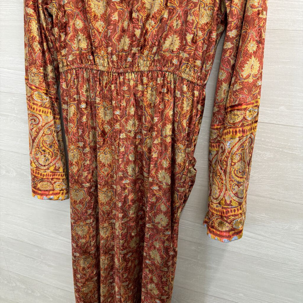 Free People Orange/ Multi Velvet Harper Printed Jumpsuit Large