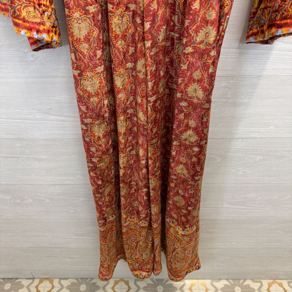 Free People Orange/ Multi Velvet Harper Printed Jumpsuit Large