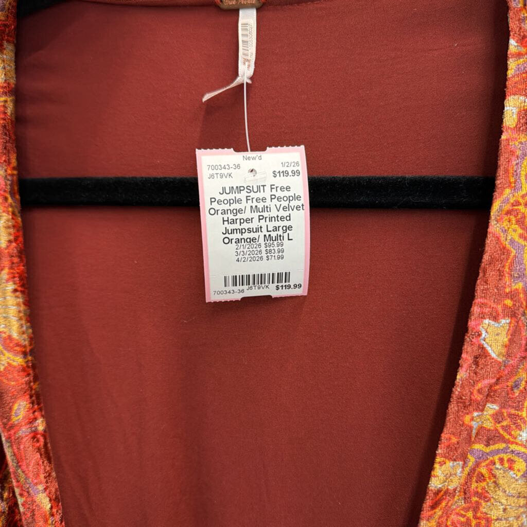 Free People Orange/ Multi Velvet Harper Printed Jumpsuit Large