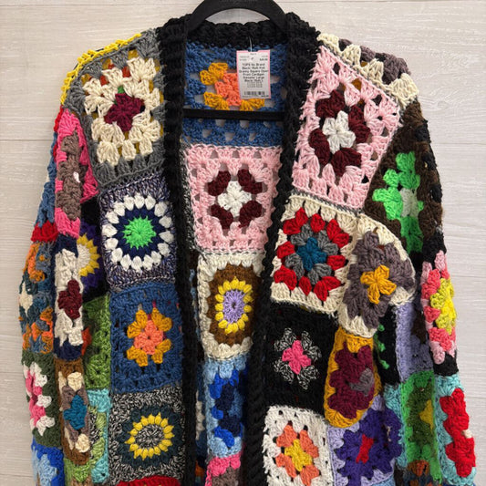 Black/ Multi Knit Granny Square Open Front Cardigan Sweater Large