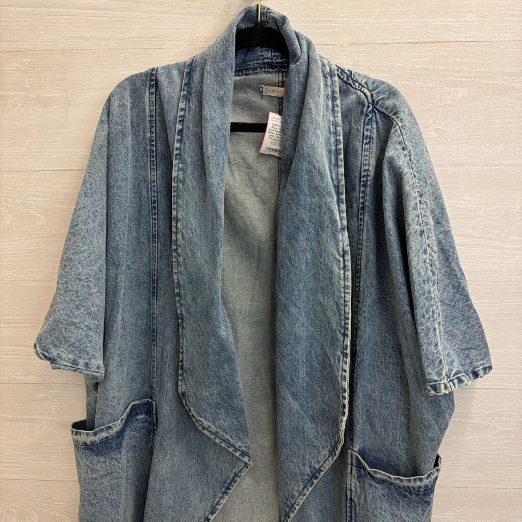 Two Twin Style Medium Wash Denim Short Sleeve Long Open Front Top Large