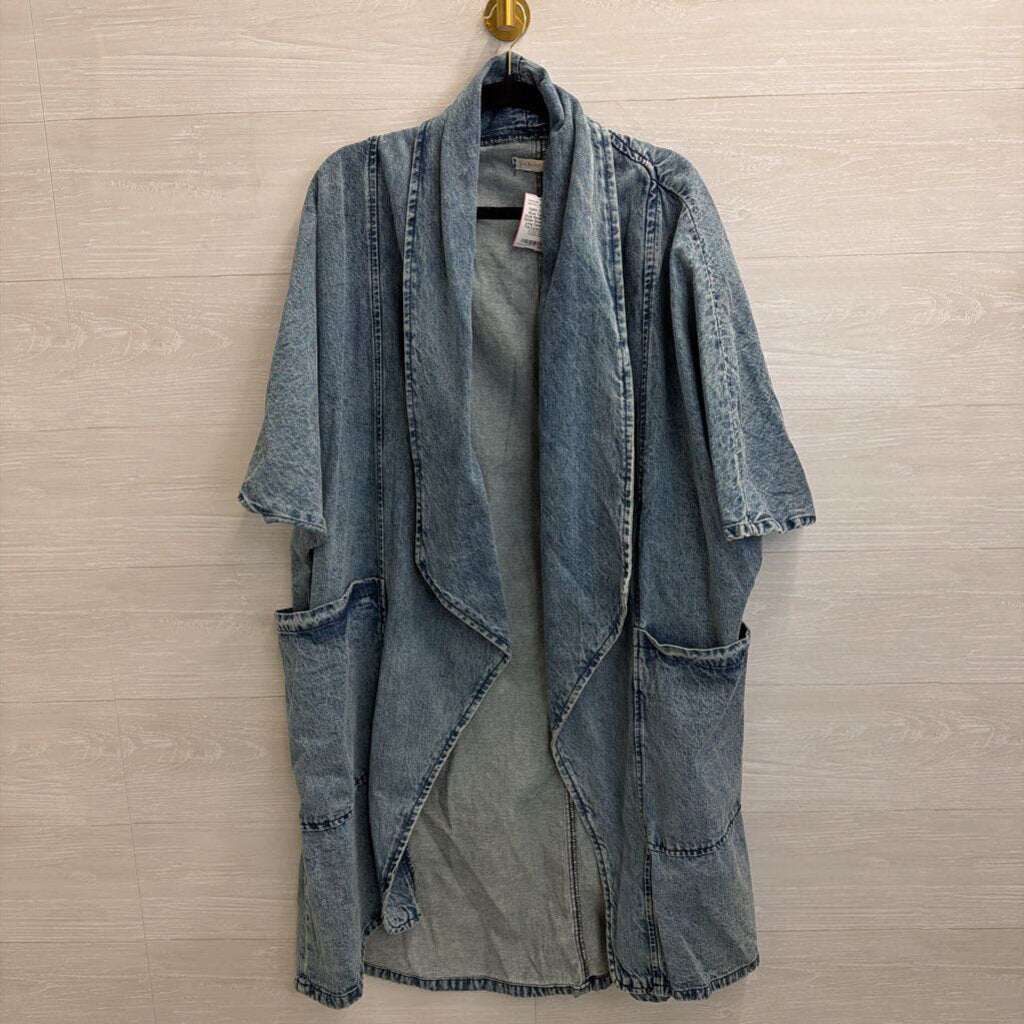 Two Twin Style Medium Wash Denim Short Sleeve Long Open Front Top Large