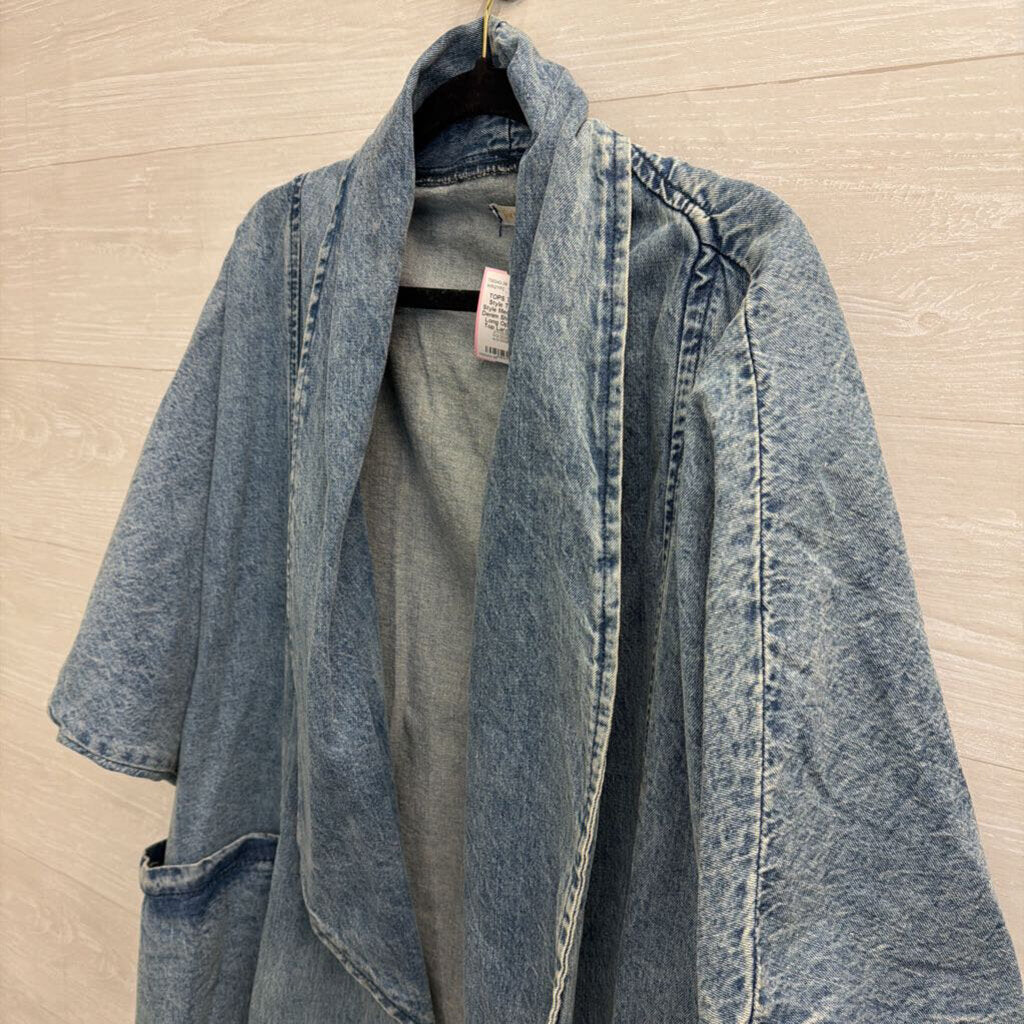 Two Twin Style Medium Wash Denim Short Sleeve Long Open Front Top Large