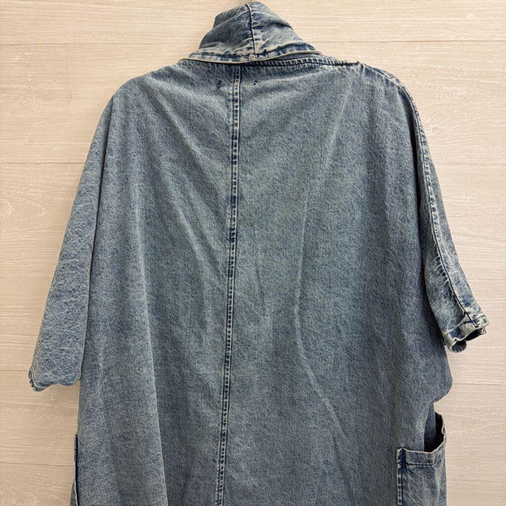 Two Twin Style Medium Wash Denim Short Sleeve Long Open Front Top Large