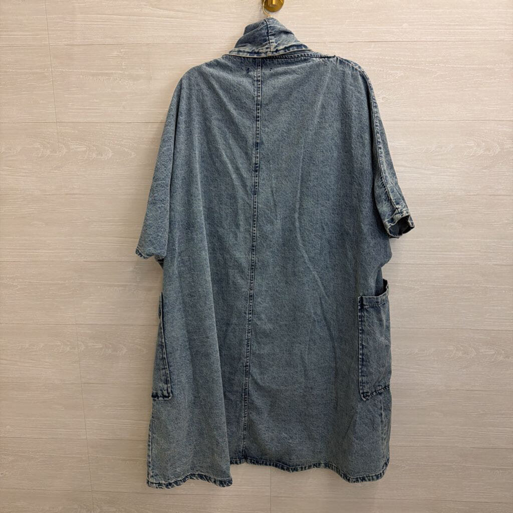 Two Twin Style Medium Wash Denim Short Sleeve Long Open Front Top Large