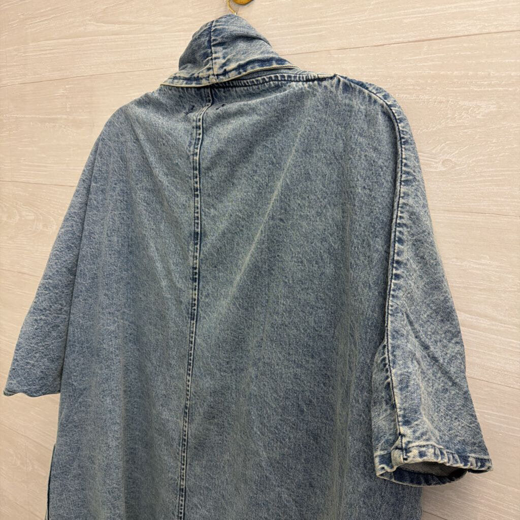 Two Twin Style Medium Wash Denim Short Sleeve Long Open Front Top Large