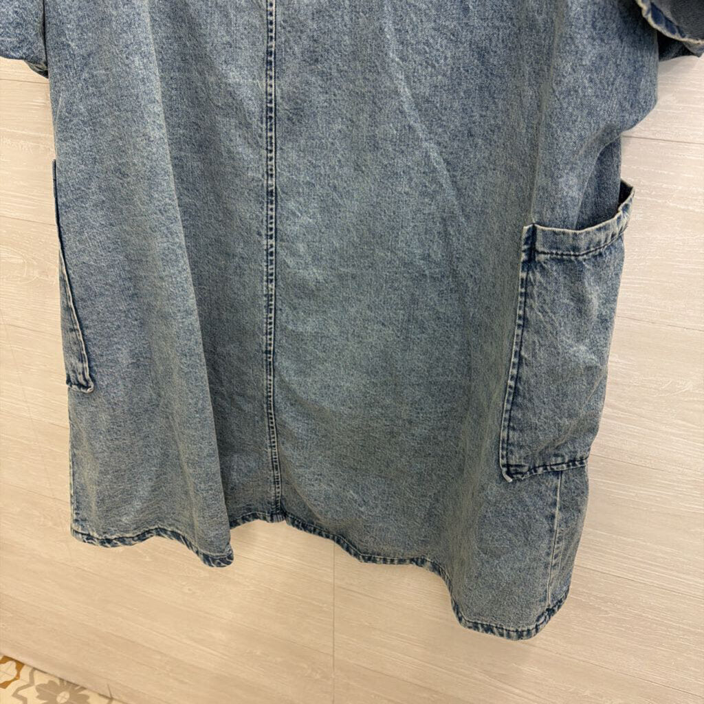 Two Twin Style Medium Wash Denim Short Sleeve Long Open Front Top Large