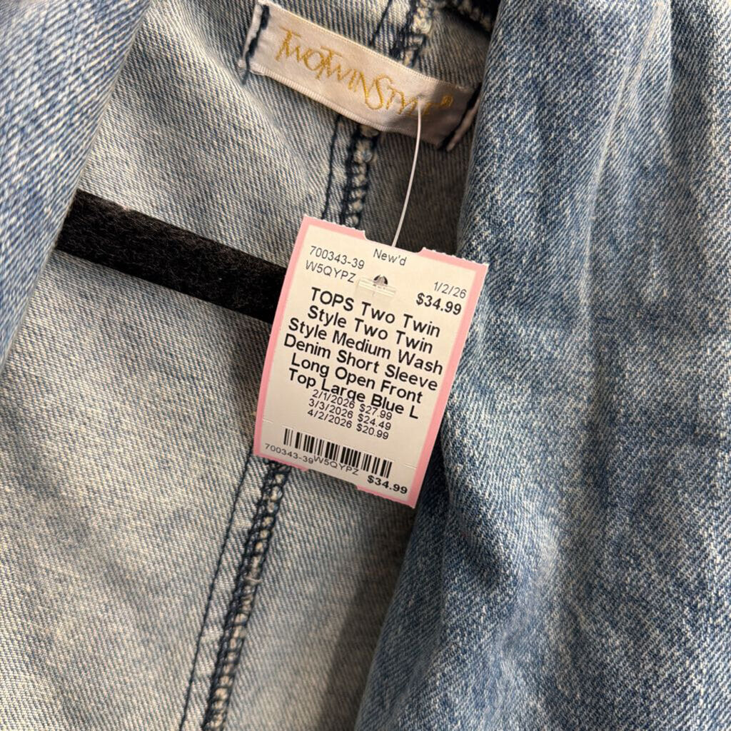 Two Twin Style Medium Wash Denim Short Sleeve Long Open Front Top Large