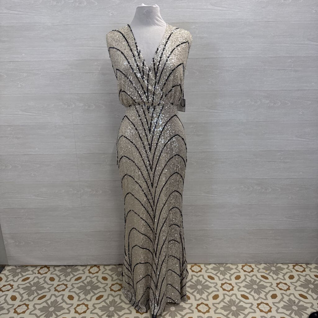 Laundry Silver/ Gold/ Black Sequin Print Long Formal Dress 12