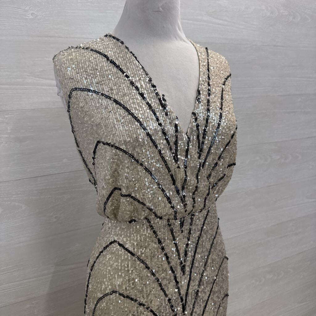 Laundry Silver/ Gold/ Black Sequin Print Long Formal Dress 12