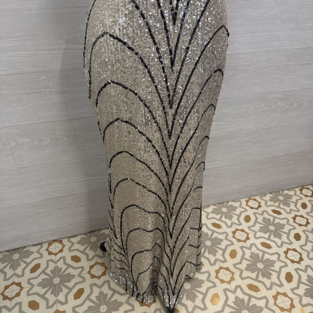 Laundry Silver/ Gold/ Black Sequin Print Long Formal Dress 12