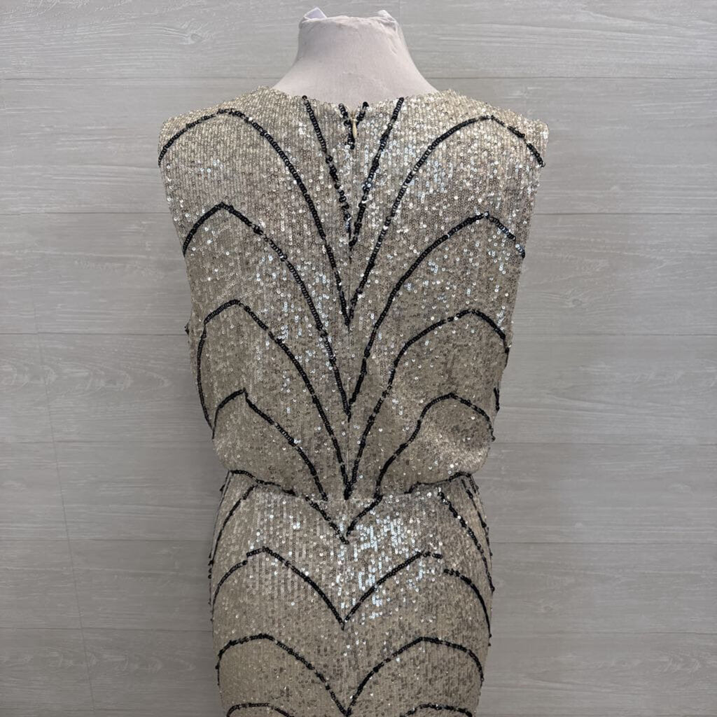 Laundry Silver/ Gold/ Black Sequin Print Long Formal Dress 12